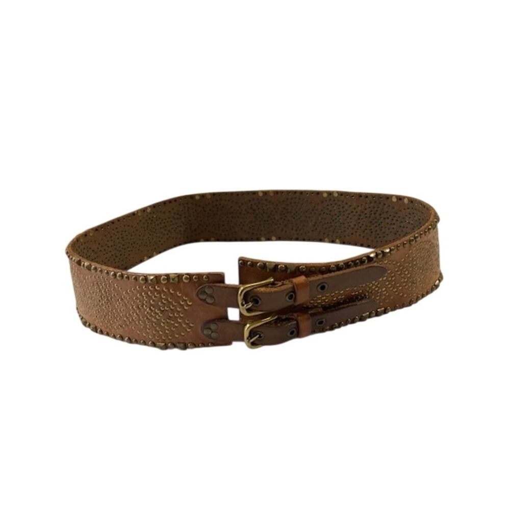 Jigsaw-VTG Genuine Brown Leather Belt with Bronze Studs/Brass Buckle